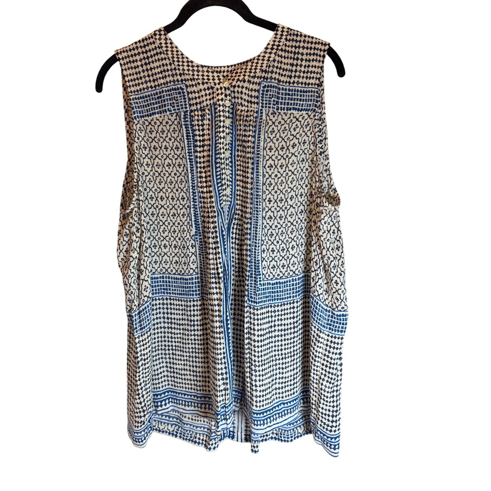 Lucky Brand Blue White Geometric Tile Print Boho Sleeveless Rayon Blouse Large